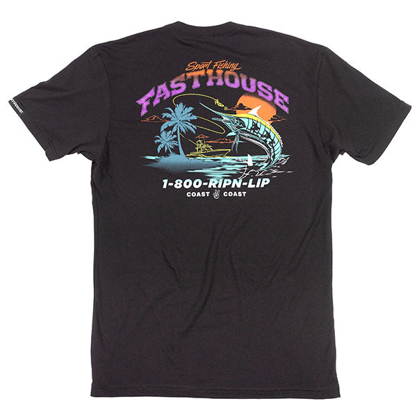 Studio photo on a white background of Fasthouse Panama Tee; showing tee fit, printed graphics, and crew neckline; SKU 3210000804; Colors: Black, White