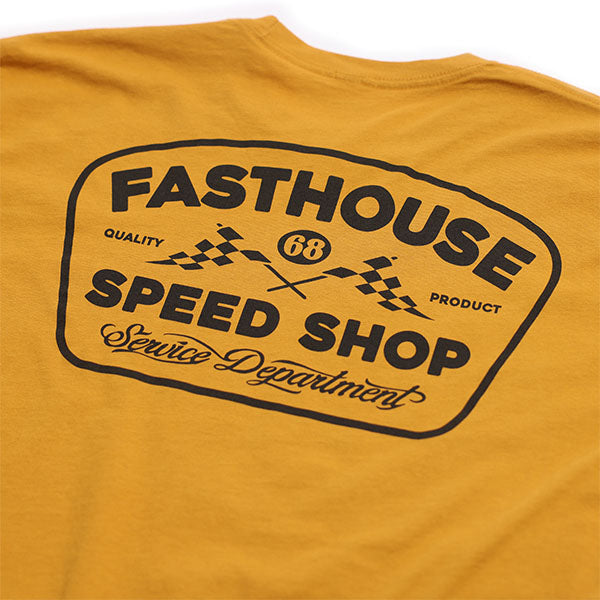 Clean studio shot of Fasthouse Wedged Tee; showing tee fit, printed graphics, and crew neckline; SKU 3210000504; Colors: Black, Indigo, Vintage Gold