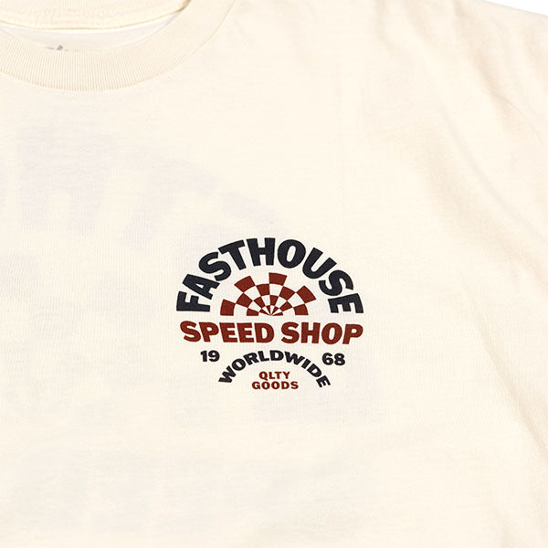 Clean studio shot of Fasthouse Deco Tee; showing tee fit, printed graphics, and crew neckline; SKU 3210000604; Colors: Black, Natural; Sizes: S-3XL