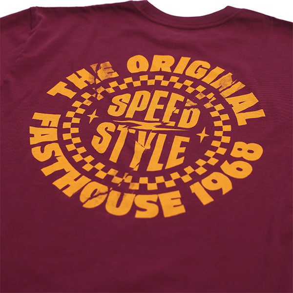 High-resolution studio image of Fasthouse Origin Tee; showing tee fit, printed graphics, and crew neckline; SKU 3210000004; Colors: Black, Maroon