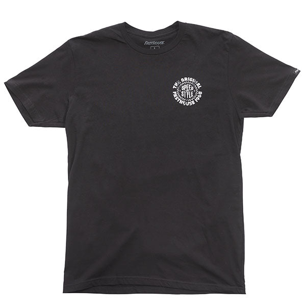 High-resolution studio image of Fasthouse Origin Tee; showing tee fit, printed graphics, and crew neckline; SKU 3210000004; Colors: Black, Maroon