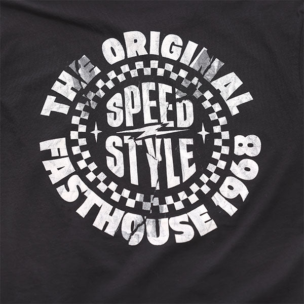 Professional studio photo of Fasthouse Origin Tee; showing tee fit, printed graphics, and crew neckline; SKU 3210000004; Colors: Black, Maroon