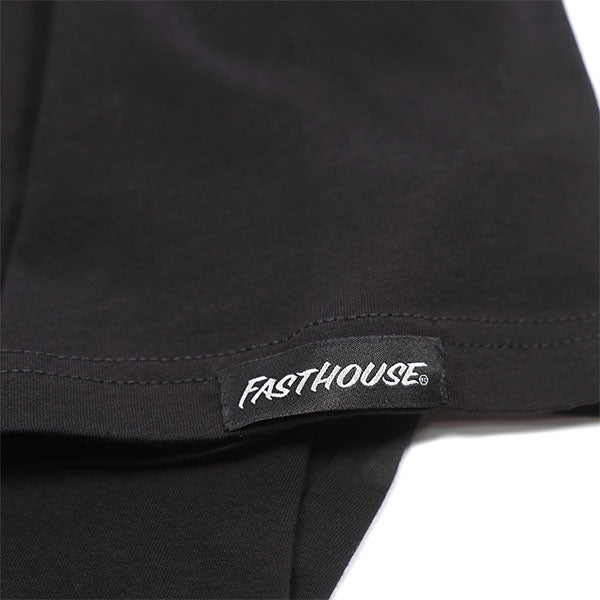 Studio photo on a white background of Fasthouse Origin Tee; showing tee fit, printed graphics, and crew neckline; SKU 3210000004; Colors: Black, Maroon