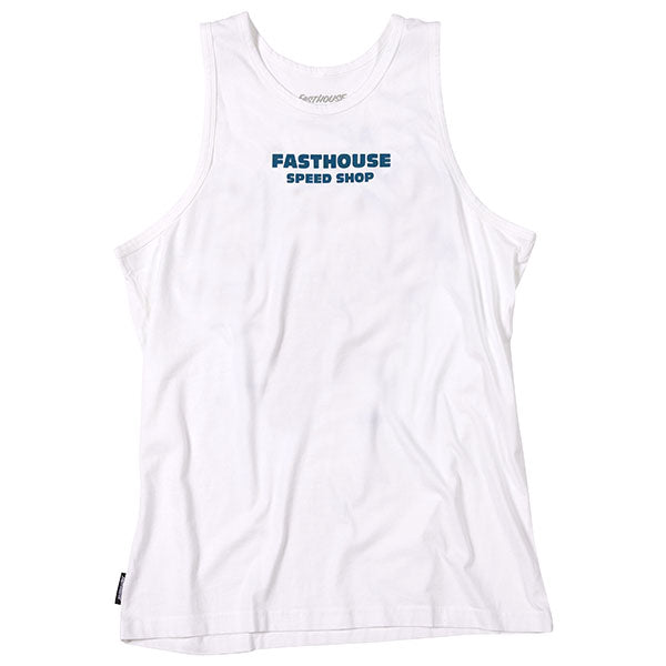 Crisp studio image on a white background of Fasthouse Call Us Tank Top; showing sleeveless cut, hem shape, and printed or woven branding; SKU 32120111