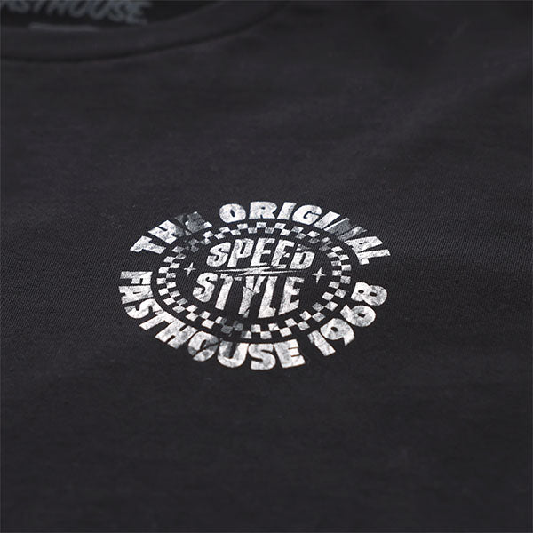 Clean studio shot of Fasthouse Origin Tee; showing tee fit, printed graphics, and crew neckline; SKU 3210000004; Colors: Black, Maroon; Sizes: S-3XL