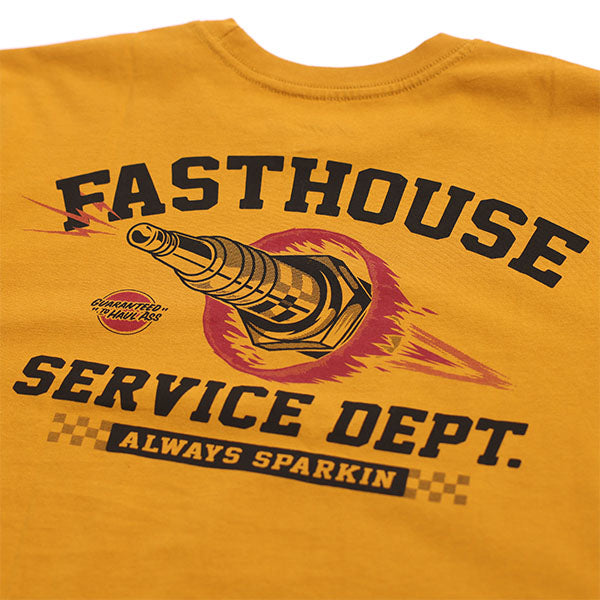 Clean studio shot of Fasthouse Ignite Tee; showing tee fit, printed graphics, and crew neckline; SKU 3210150004; Colors: Vintage Gold, Black