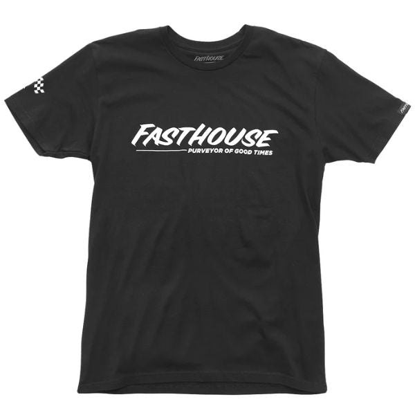 High-resolution studio image of Fasthouse The Motto Tee; showing tee fit, printed graphics, and crew neckline; SKU 3210163004; Colors: Indigo, Black