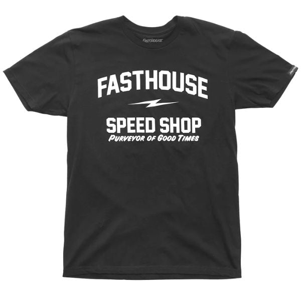 Crisp studio image on a white background of Fasthouse Purveyor Tee; showing tee fit, printed graphics, and crew neckline; SKU 3210187004; Sizes: S-3XL