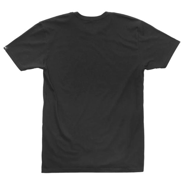 High-resolution studio image of Fasthouse Purveyor Tee; showing tee fit, printed graphics, and crew neckline; SKU 3210187004; Colors: Gunmetal, Black