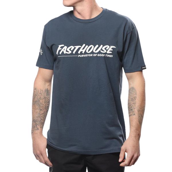 Crisp studio image on a white background of Fasthouse The Motto Tee; showing tee fit, printed graphics, and crew neckline; SKU 3210163004; Sizes: S-3XL