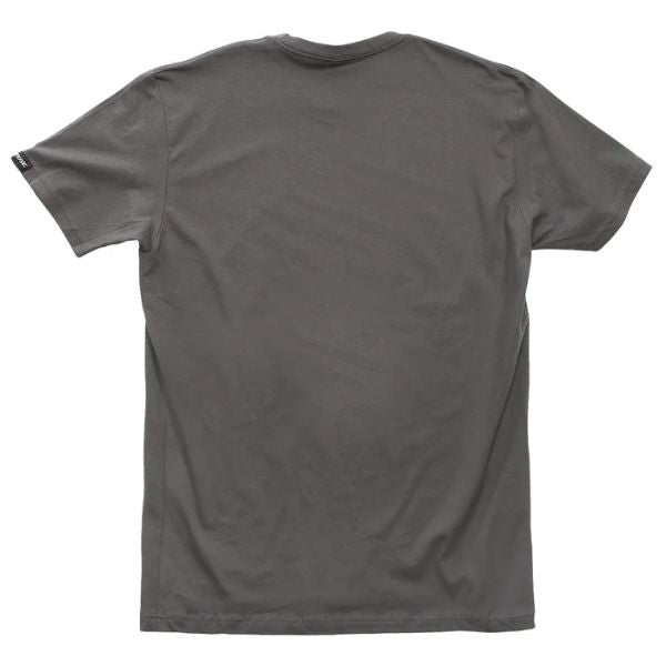 High-resolution studio image of Fasthouse Purveyor Tee; showing tee fit, printed graphics, and crew neckline; SKU 3210187004; Colors: Gunmetal, Black