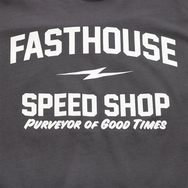 Studio photo on a white background of Fasthouse Purveyor Tee; showing tee fit, printed graphics, and crew neckline; SKU 3210187004; Sizes: S-3XL