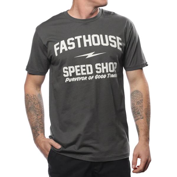 Professional studio photo of Fasthouse Purveyor Tee; showing tee fit, printed graphics, and crew neckline; SKU 3210187004; Colors: Gunmetal, Black