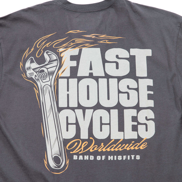High-resolution studio image of Fasthouse Spanner Tee; showing tee fit, printed graphics, and crew neckline; SKU 32110505; Colors: Graphite Black