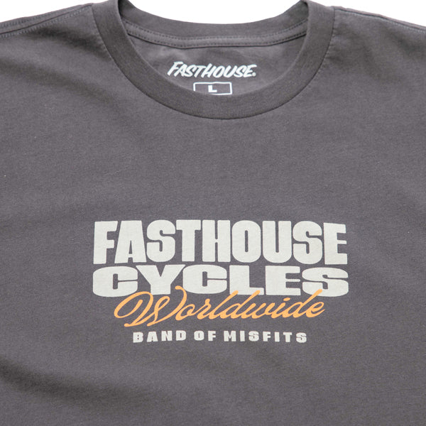 Crisp studio image on a white background of Fasthouse Spanner Tee; showing tee fit, printed graphics, and crew neckline; SKU 32110505; Sizes: S-3XL