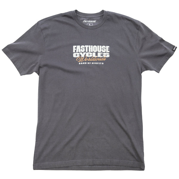 Professional studio photo of Fasthouse Spanner Tee; showing tee fit, printed graphics, and crew neckline; SKU 32110505; Colors: Graphite Black