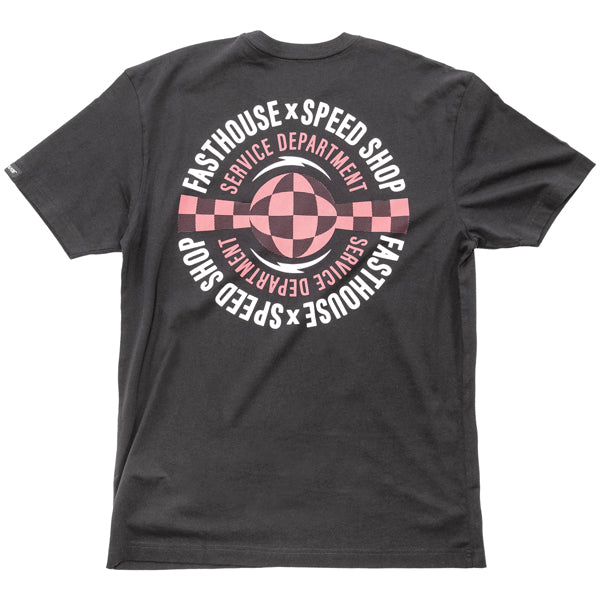 High-resolution studio image of Fasthouse Finch Tee; showing tee fit, printed graphics, and crew neckline; SKU 3211070404; Colors: Pine, Black