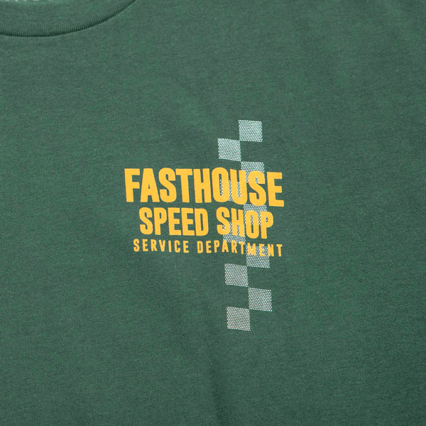 Clean studio shot of Fasthouse Finch Tee; showing tee fit, printed graphics, and crew neckline; SKU 3211070404; Colors: Pine, Black; Sizes: S-3XL