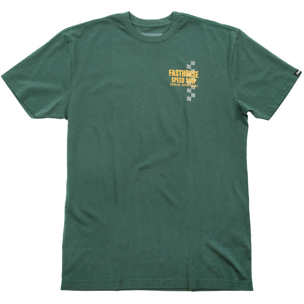 Studio photo on a white background of Fasthouse Finch Tee; showing tee fit, printed graphics, and crew neckline; SKU 3211070404; Colors: Pine, Black