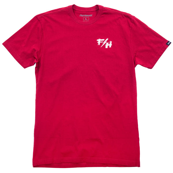 Professional studio photo of Fasthouse Fray Tee; showing tee fit, printed graphics, and crew neckline; SKU 3211180104; Colors: Cardinal, Black