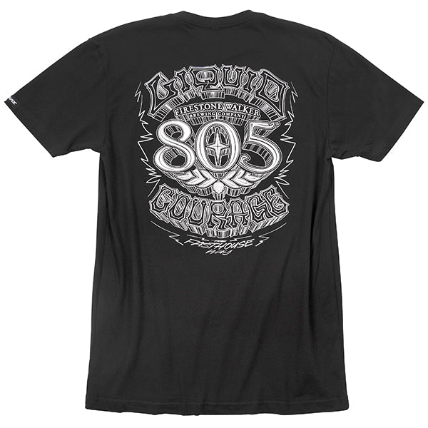 Studio photo on a white background of Fasthouse 805 Liquid Courage; showing tee fit, printed graphics, and crew neckline; SKU 3218040004; Sizes: S-3XL