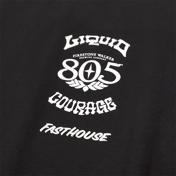 High-resolution studio image of Fasthouse 805 Liquid Courage; showing tee fit, printed graphics, and crew neckline; SKU 3218040004; Colors: Black, White