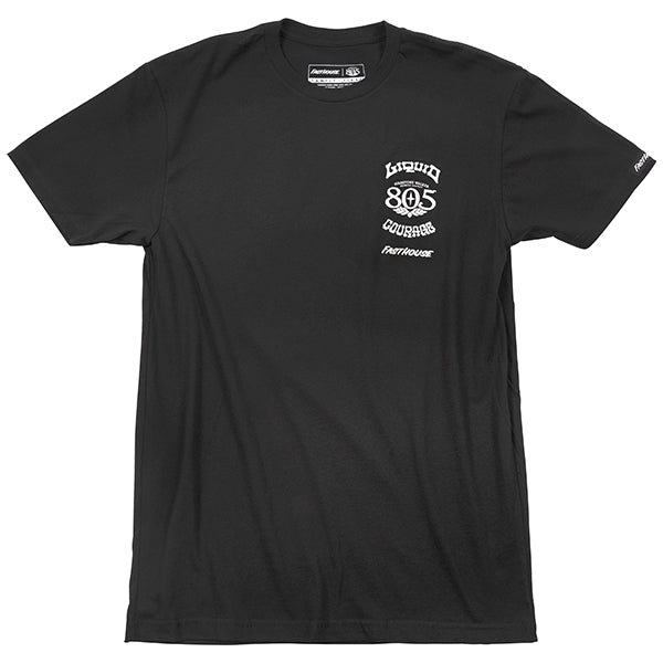 Professional studio photo of Fasthouse 805 Liquid Courage; showing tee fit, printed graphics, and crew neckline; SKU 3218040004; Colors: Black, White