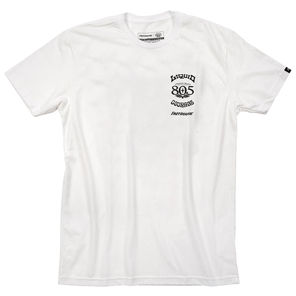 Professional studio photo of Fasthouse 805 Liquid Courage; showing tee fit, printed graphics, and crew neckline; SKU 3218040004; Colors: Black, White