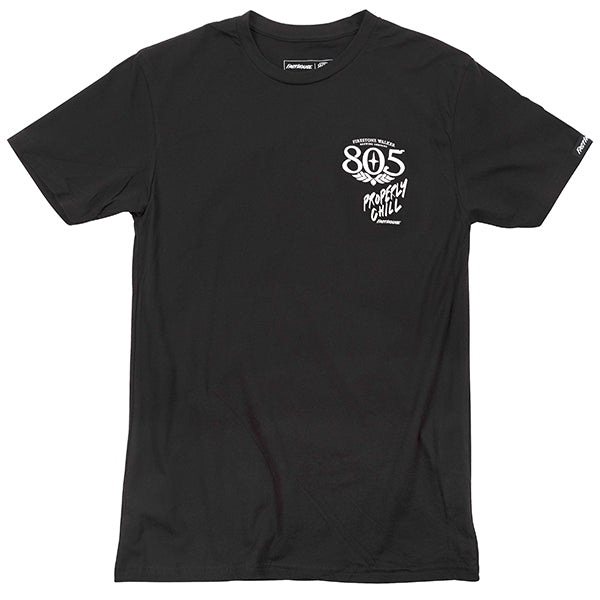 Crisp studio image on a white background of Fasthouse 805 Quiver Tee; showing tee fit, printed graphics, and crew neckline; SKU 32180300; Colors: Black