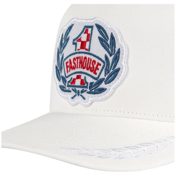 Fasthouse Heroes Hat in White, front branding detail