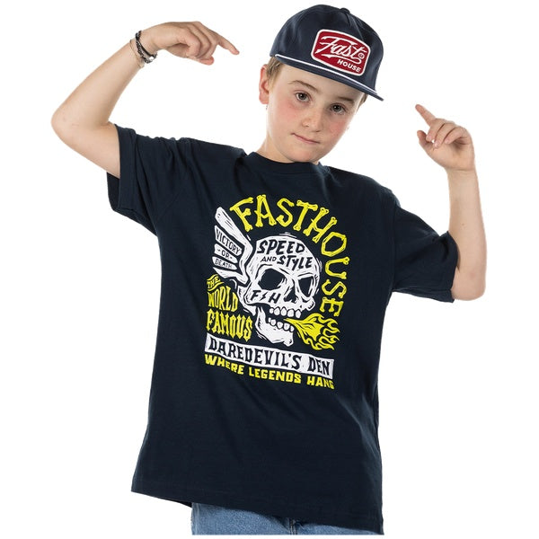 Fasthouse Jekyll Youth Tee in Navy, model wearing front view