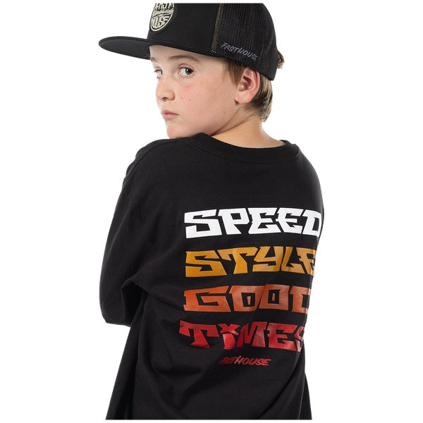 Fasthouse Pillar Youth Long Sleeve Tee in Black, model wearing back view