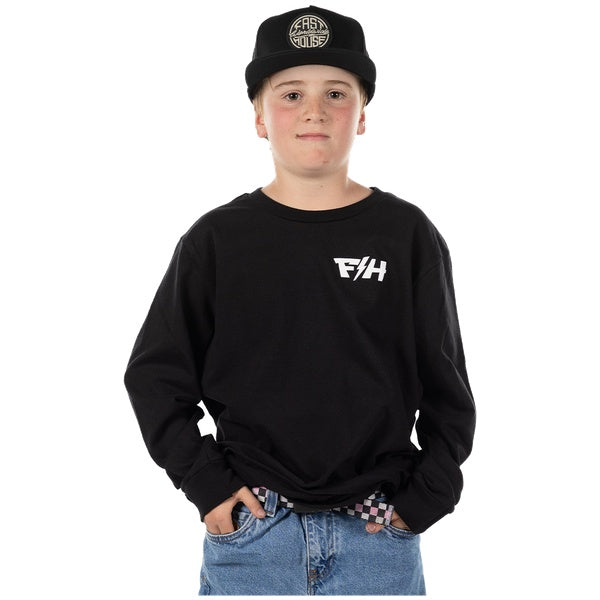Fasthouse Pillar Youth Long Sleeve Tee in Black, front graphic detail