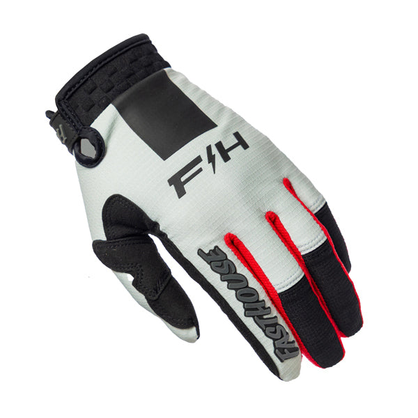High-resolution studio image of Fasthouse - Elrod Storm Gloves; showing stitching detail and grip areas; SKU 3930309503; Colors: White/Black, Fog/Black