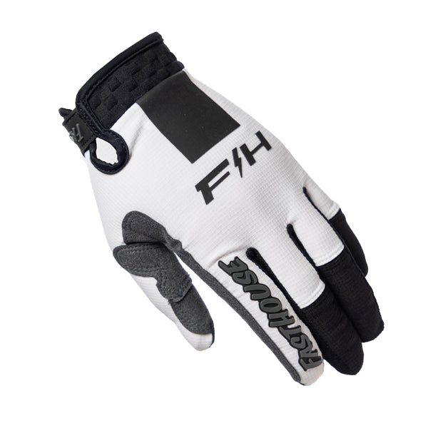 Clean studio shot of Fasthouse - Elrod Storm Gloves; showing stitching detail and grip areas; SKU 3930309503; Colors: White/Black, Fog/Black; Sizes: XS-2XL