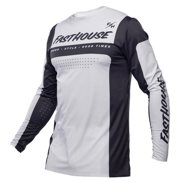 Clean studio shot of Fasthouse - Helix Monaco Jersey; showing fabric texture, panel layout, and graphics; SKU 3931702504; Colors: Marine/Black, Black/White