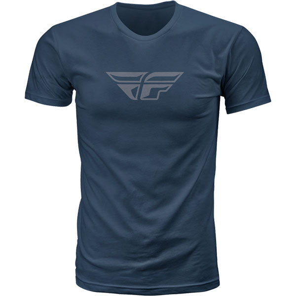 Professional studio photo of Fly Racing F-wing Tee; showing tee fit, printed graphics, and crew neckline; SKU 352-0611S; Colors: Navy/Grey, Sage/Grey