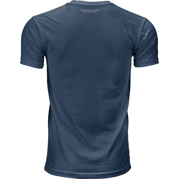 Clean studio shot of Fly Racing F-wing Tee; showing tee fit, printed graphics, and crew neckline; SKU 352-0611S; Colors: Navy/Grey, Sage/Grey