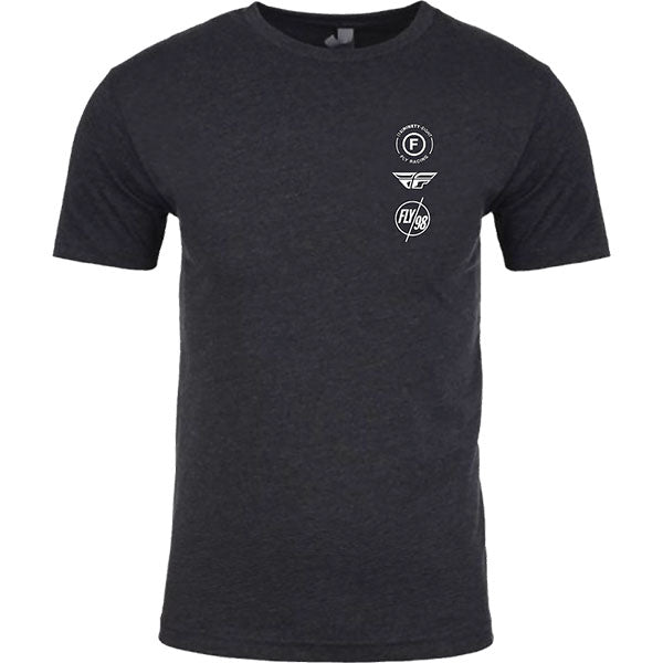 Crisp studio image on a white background of Fly Racing Fly Atom Tee; showing tee fit, printed graphics, and crew neckline; SKU 354-0317S; Sizes: S-2XL