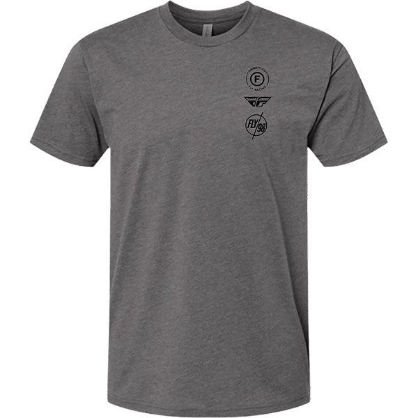 Professional studio photo of Fly Racing Fly Atom Tee; showing tee fit, printed graphics, and crew neckline; SKU 354-0317S; Sizes: S-2XL