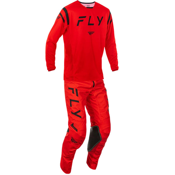 Red motocross outfit with 'Fly' branding on a white background