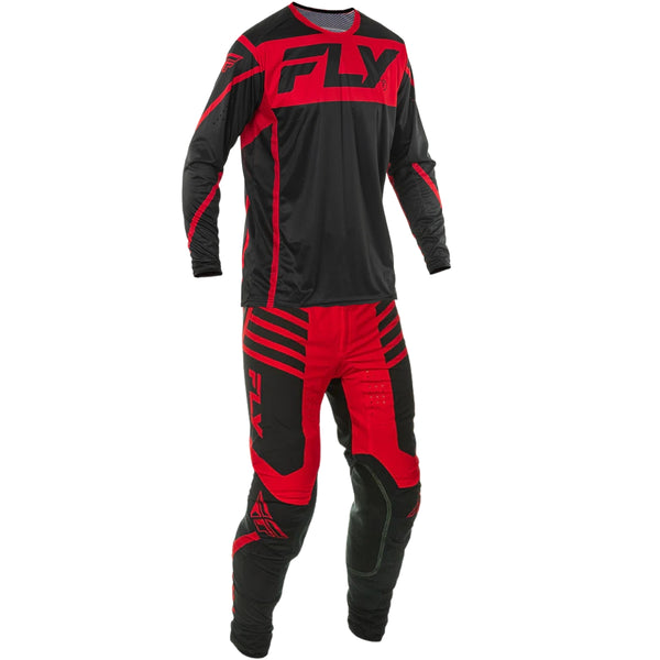 Black and red motocross outfit with 'Fly' branding on a white background - alternate view