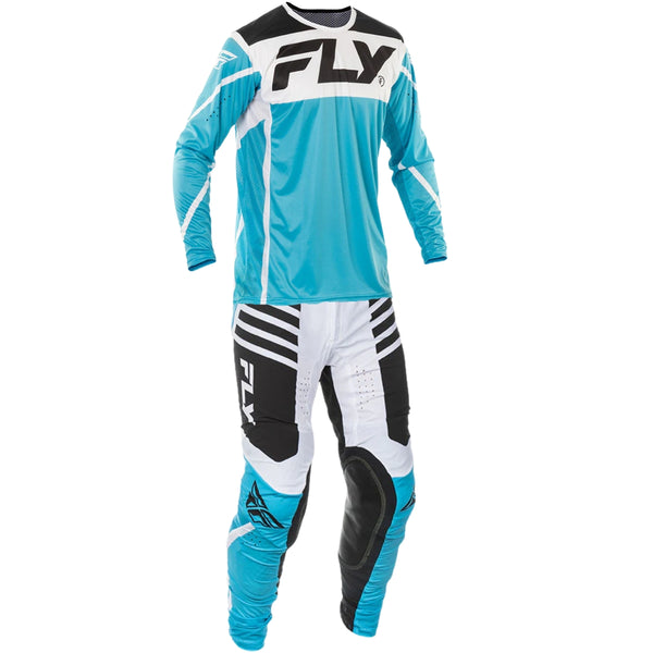 Motocross outfit with blue, black, and white design on a white background - alternate view
