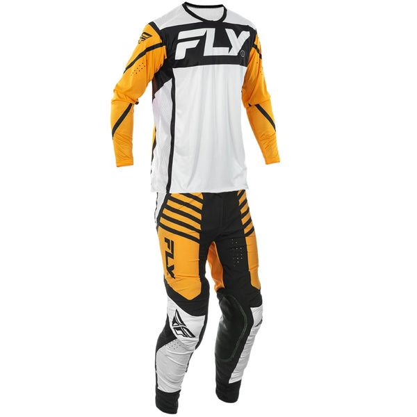 Motocross outfit with white, orange, and black design on a white background