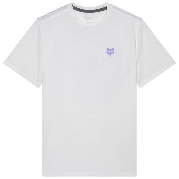 Studio photo on a white background of Fox Racing Frequency Tech Tee; showing tee fit, printed graphics, and crew neckline; SKU 33406-001-S; Sizes: S-2XL