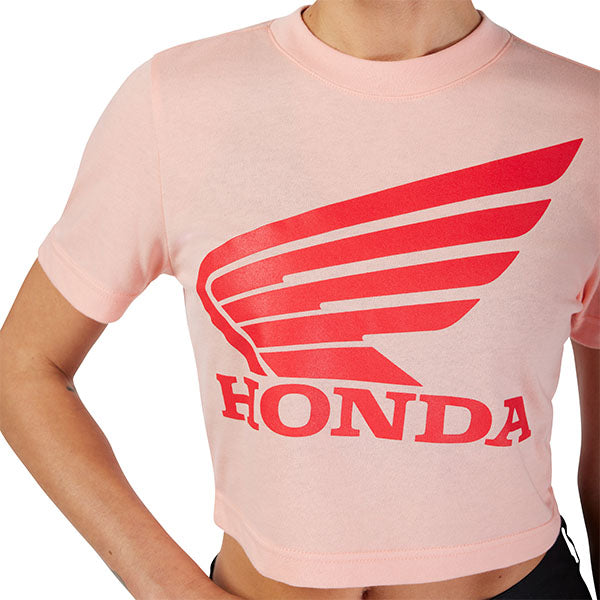 Clean studio shot of Fox Racing Fox x Honda Baby Tee (Womens); showing tee fit, printed graphics, and crew neckline; SKU 33587-001-XS; Sizes: XS-XL