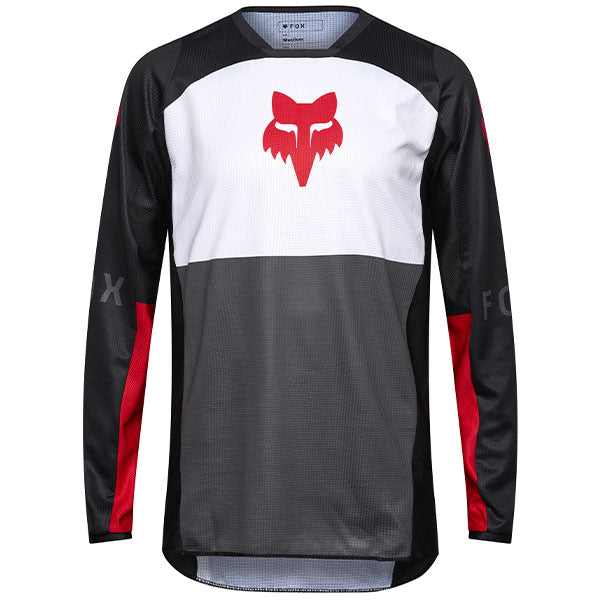Front view of Fox Racing 180 Flow Jersey in Black/White (SKU: 33702-077), featuring sublimated graphics and mesh collar