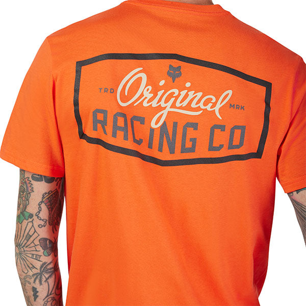 Clean studio shot of Fox Racing Original Premium Tee; showing tee fit, printed graphics, and crew neckline; SKU 33832-472-S; Colors: Blood Orange, Black