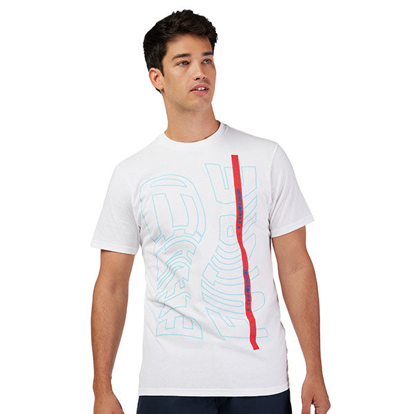 High-resolution studio image of Fox Racing Elevated Premium Tee; showing tee fit, printed graphics, and crew neckline; SKU 33432-001-S; Sizes: S-2XL