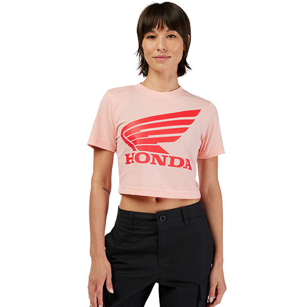 Professional studio photo of Fox Racing Fox x Honda Baby Tee (Womens); showing tee fit, printed graphics, and crew neckline; SKU 33587-001-XS